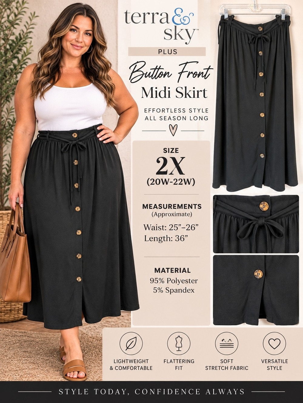 A198. Terra & Sky Button Front Midi Skirt Black 2X NWT - Picture 2 of 7